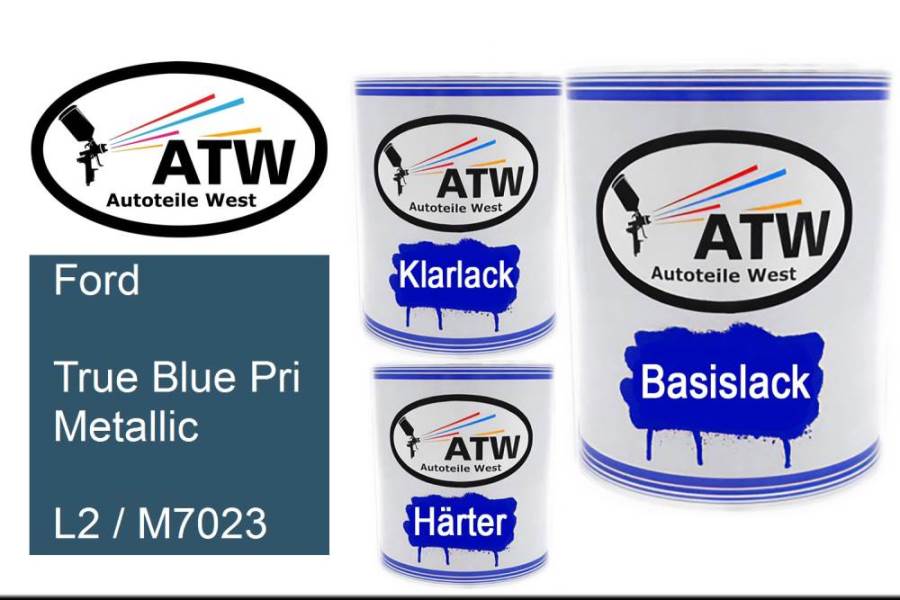 Ford, True Blue Pri Metallic, L2 / M7023: 1L Lackdose + 1L Klarlack + 500ml Härter - Set, von ATW Autoteile West.
